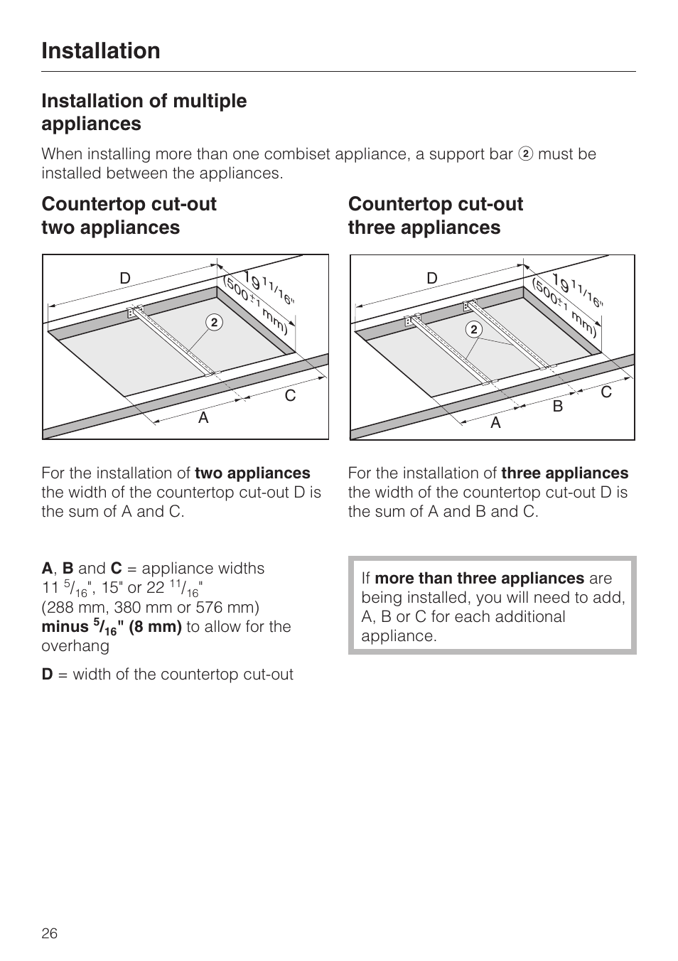 Installation of multiple appliances 26, Installation, Installation of multiple appliances | Countertop cut-out two appliances, Countertop cut-out three appliances | Miele ELECTRIC BARBECUE CS 1322 User Manual | Page 26 / 36