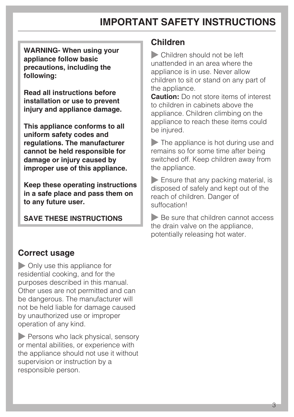 Important safety instructions 3, Important safety instructions | Miele ELECTRIC BARBECUE CS 1322 User Manual | Page 3 / 36