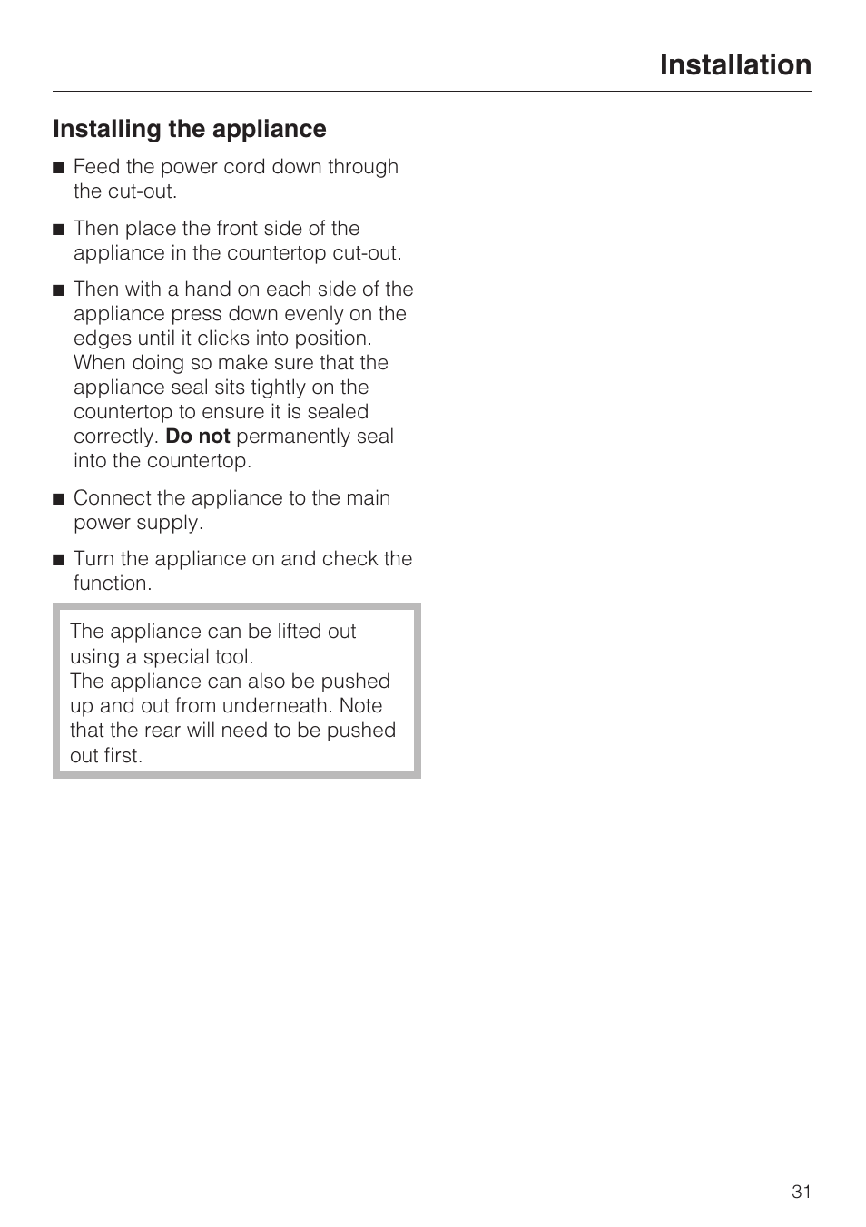 Installing the appliance 31, Installation, Installing the appliance | Miele ELECTRIC BARBECUE CS 1322 User Manual | Page 31 / 36