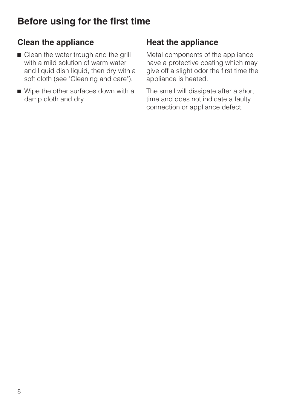 Before using for the first time 8, Before using for the first time | Miele ELECTRIC BARBECUE CS 1322 User Manual | Page 8 / 36