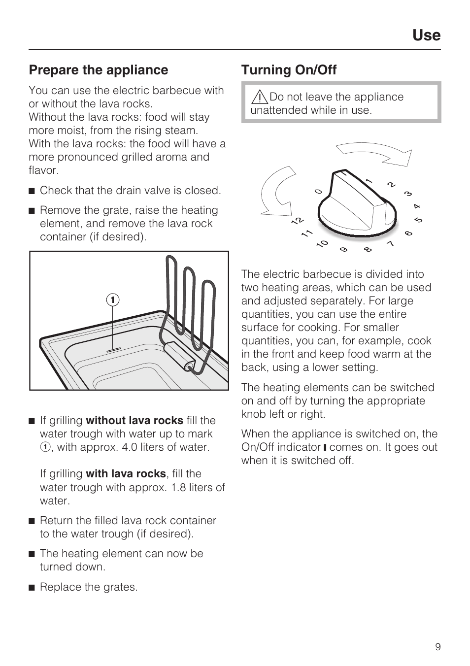 Use 9, Prepare the appliance 9, Turning on/off 9 | Prepare the appliance, Turning on/off | Miele ELECTRIC BARBECUE CS 1322 User Manual | Page 9 / 36