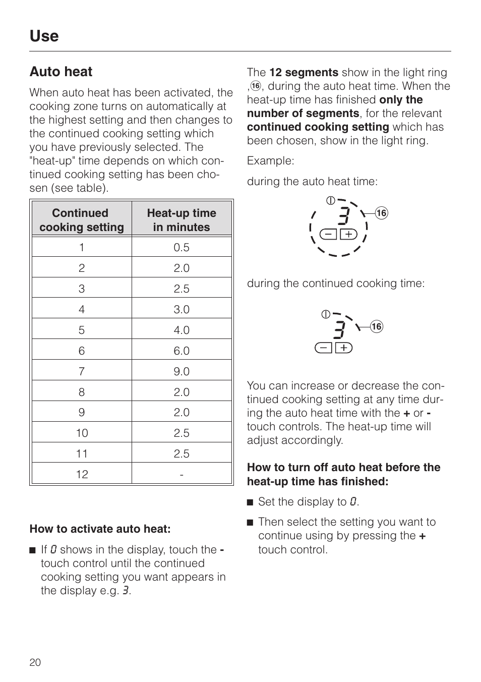 Auto heat 20, Auto heat | Miele KM 451 User Manual | Page 20 / 36
