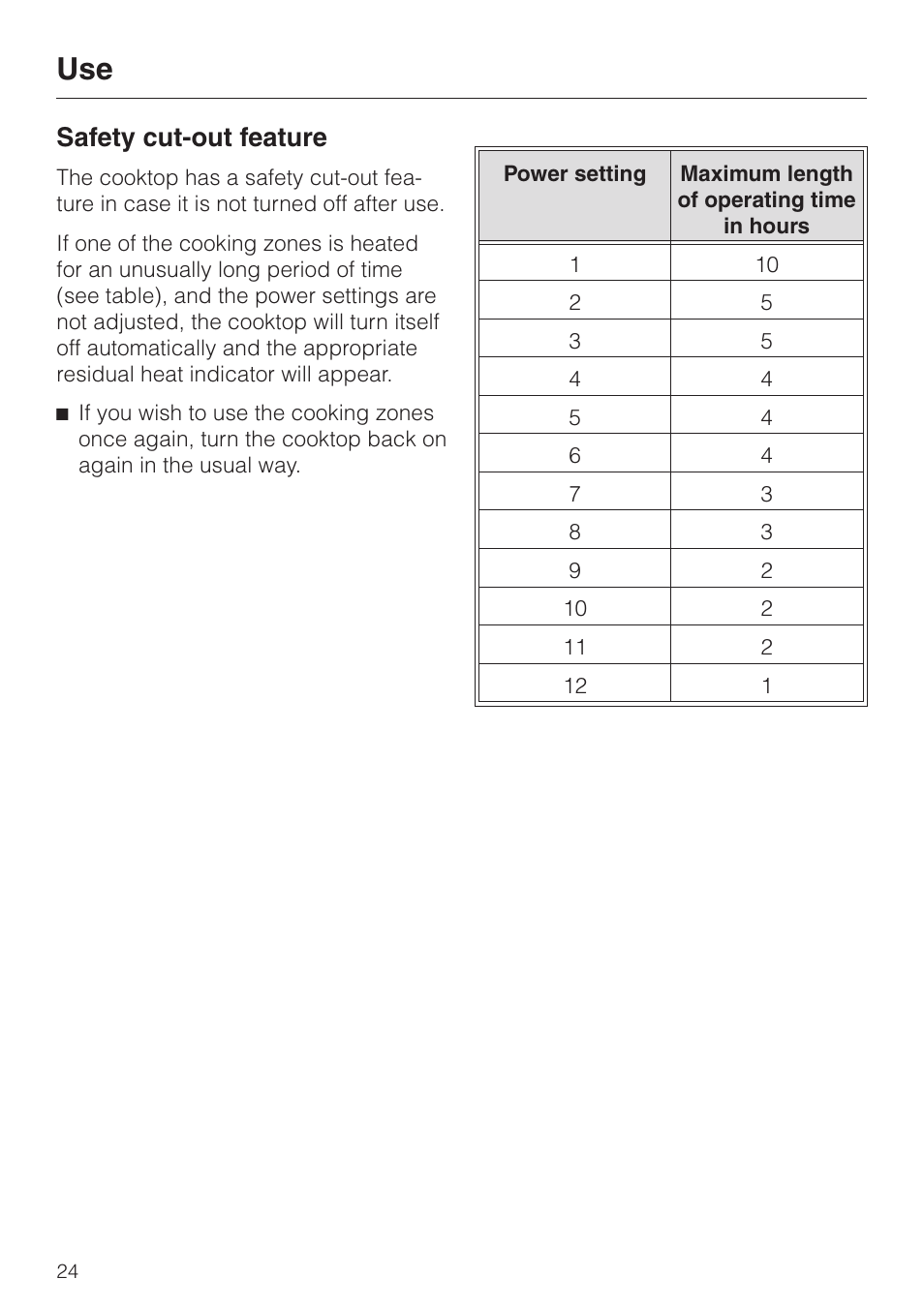 Safety cut-out feature 24, Safety cut-out feature | Miele KM 451 User Manual | Page 24 / 36