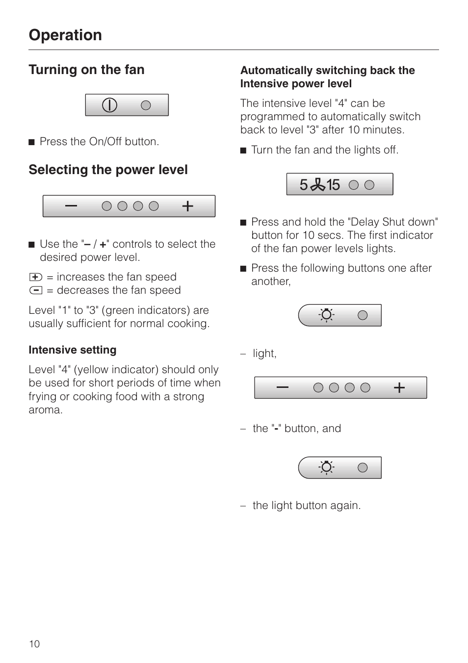 Operation 10, Turning on the fan 10, Selecting the power level 10 | Operation, Turning on the fan, Selecting the power level | Miele DA220-4 User Manual | Page 10 / 36