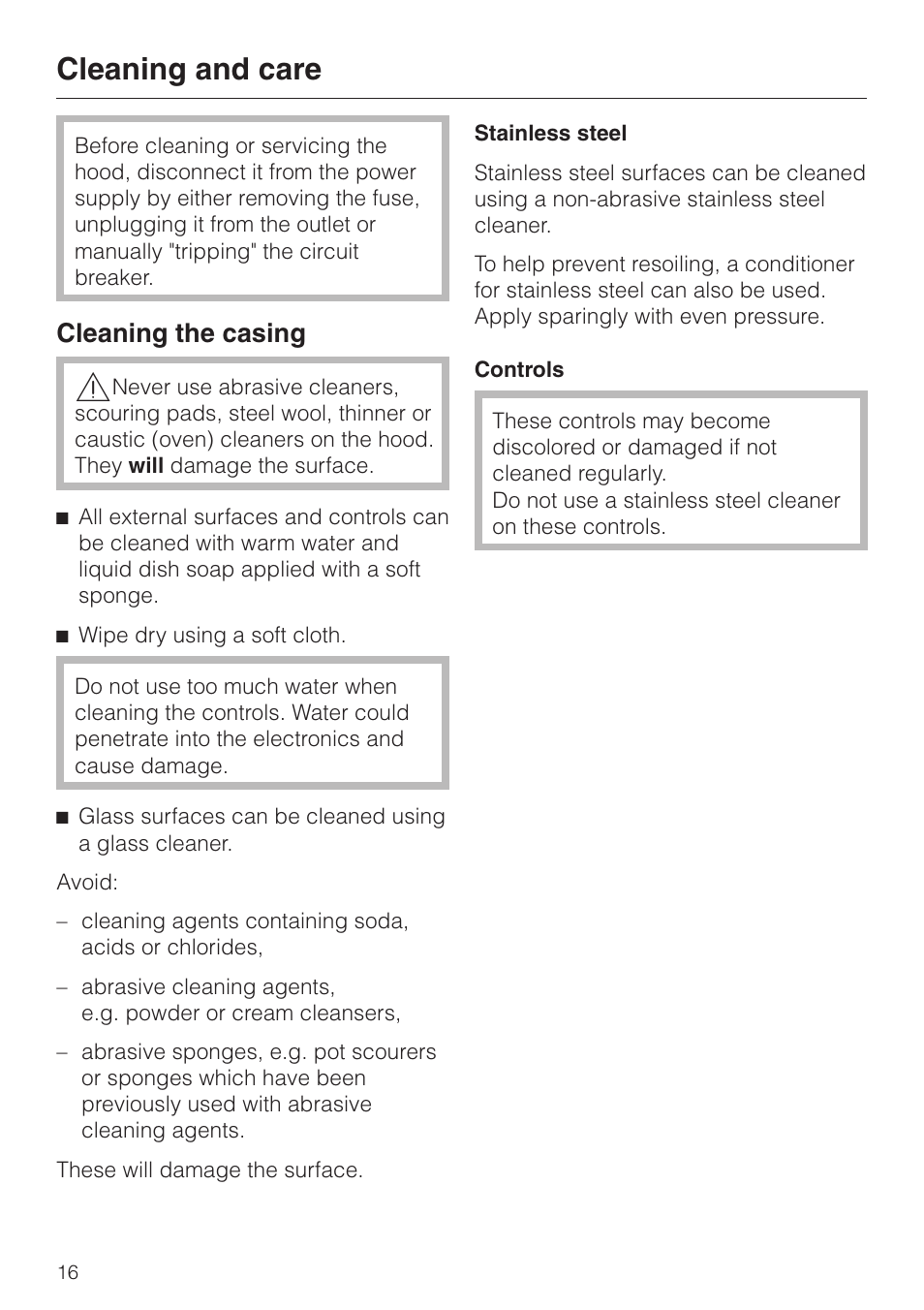 Cleaning and care 16, Cleaning the casing 16, Cleaning and care | Cleaning the casing | Miele DA220-4 User Manual | Page 16 / 36