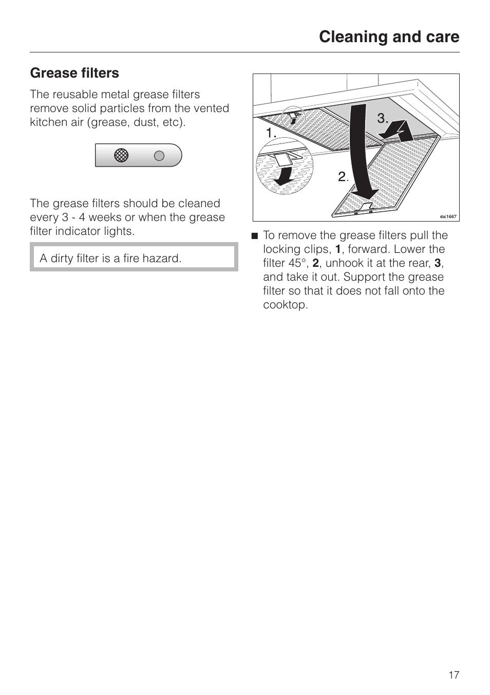 Grease filters 17, Cleaning and care, Grease filters | Miele DA220-4 User Manual | Page 17 / 36
