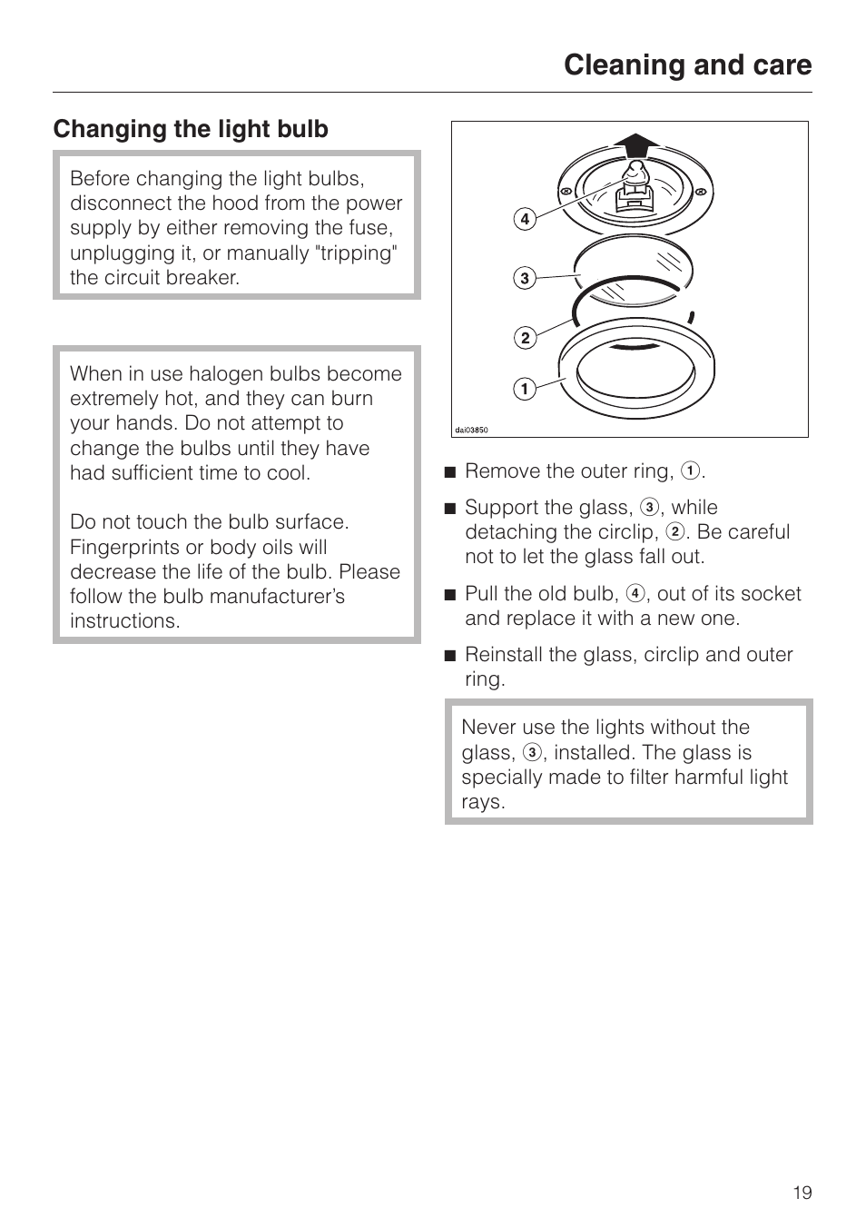 Changing the light bulb 19, Cleaning and care, Changing the light bulb | Miele DA220-4 User Manual | Page 19 / 36