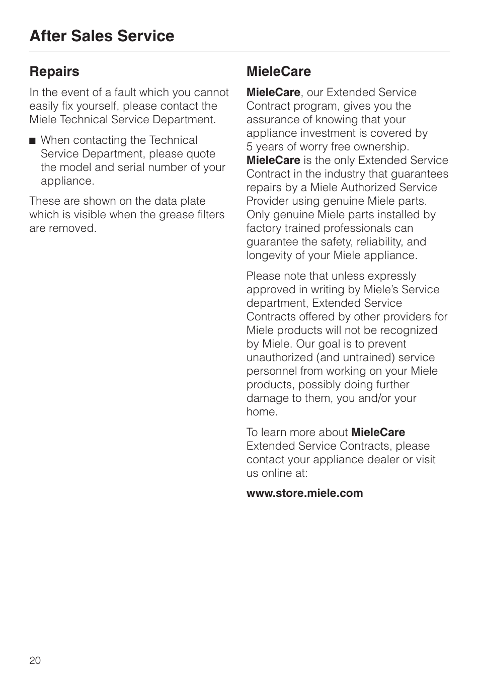 After sales service 20, After sales service, Repairs | Mielecare | Miele DA220-4 User Manual | Page 20 / 36