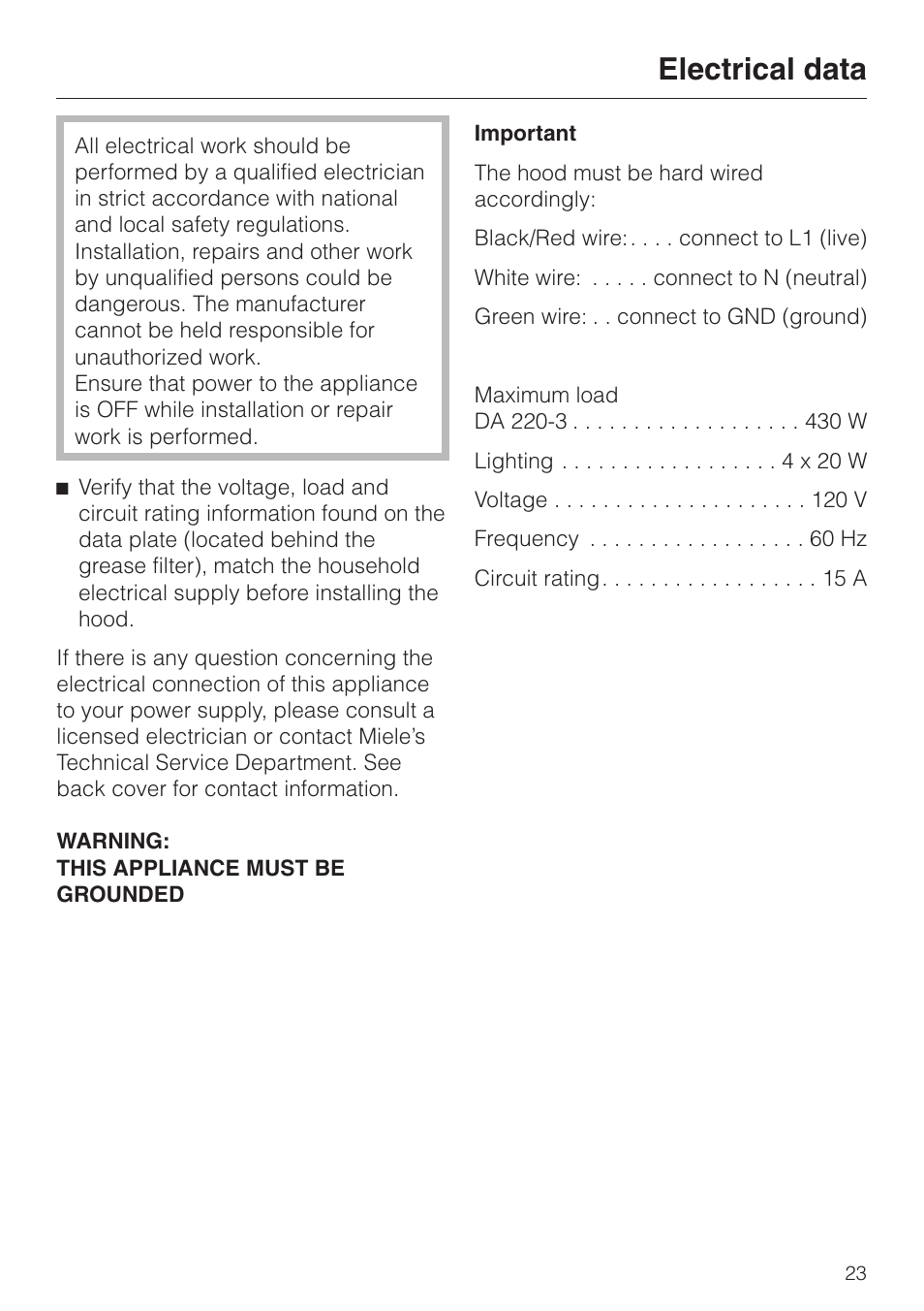 Electrical data 23, Electrical data | Miele DA220-4 User Manual | Page 23 / 36