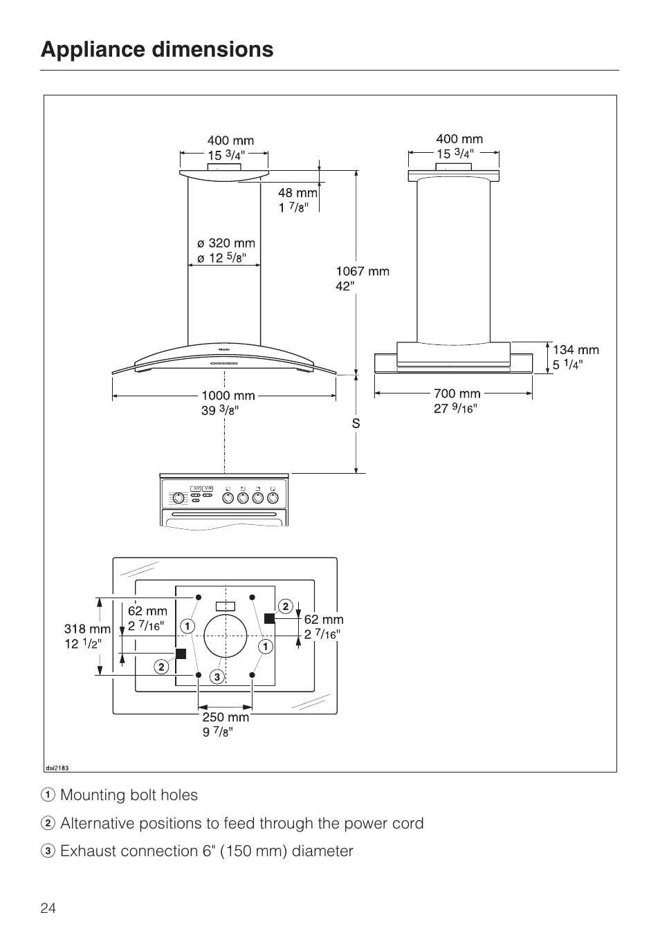 Appliance dimensions 24, Appliance dimensions | Miele DA220-4 User Manual | Page 24 / 36