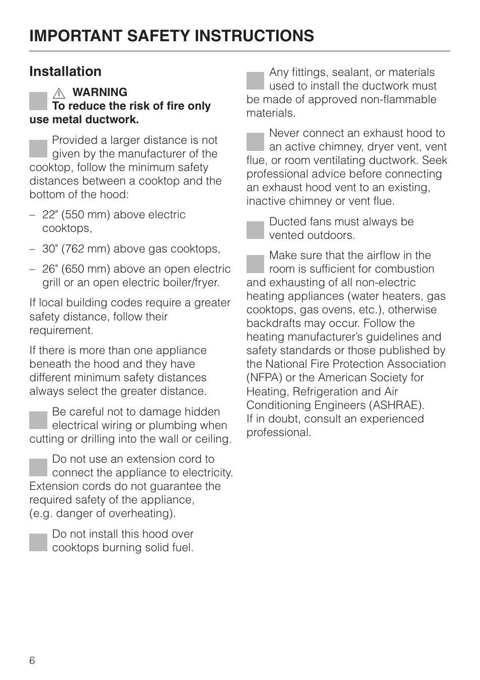 Important safety instructions, Installation | Miele DA220-4 User Manual | Page 6 / 36