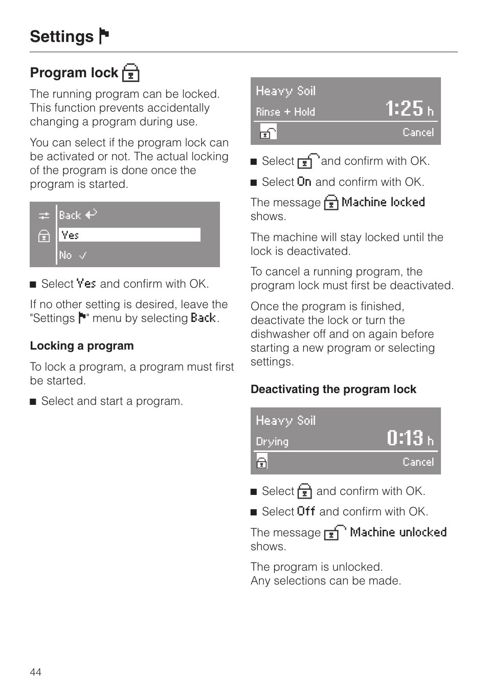 Settings j, Program lock x | Miele G 2630 SCi User Manual | Page 44 / 72