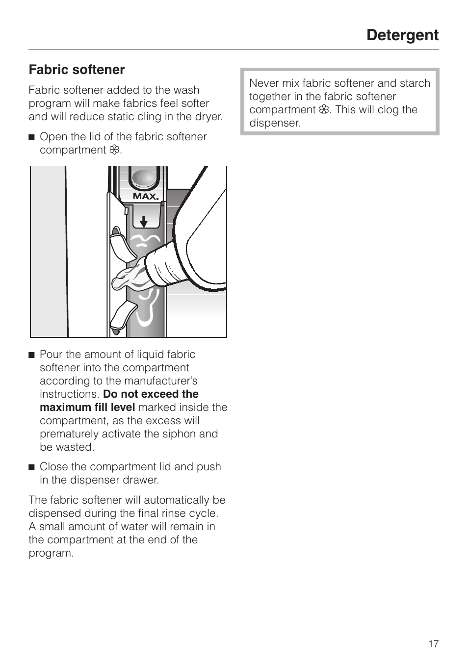 Fabric softener 17, Fabric softener, Detergent | Miele W1203 User Manual | Page 17 / 56