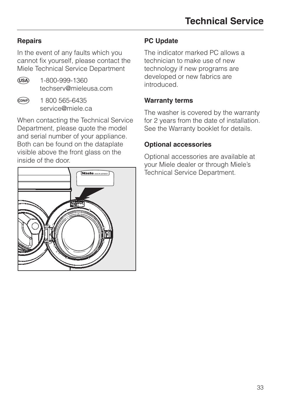 Technical service 33, Repairs 33, Pc update 33 | Warranty terms 33, Optional accessories 33, Technical service | Miele W1203 User Manual | Page 37 / 56