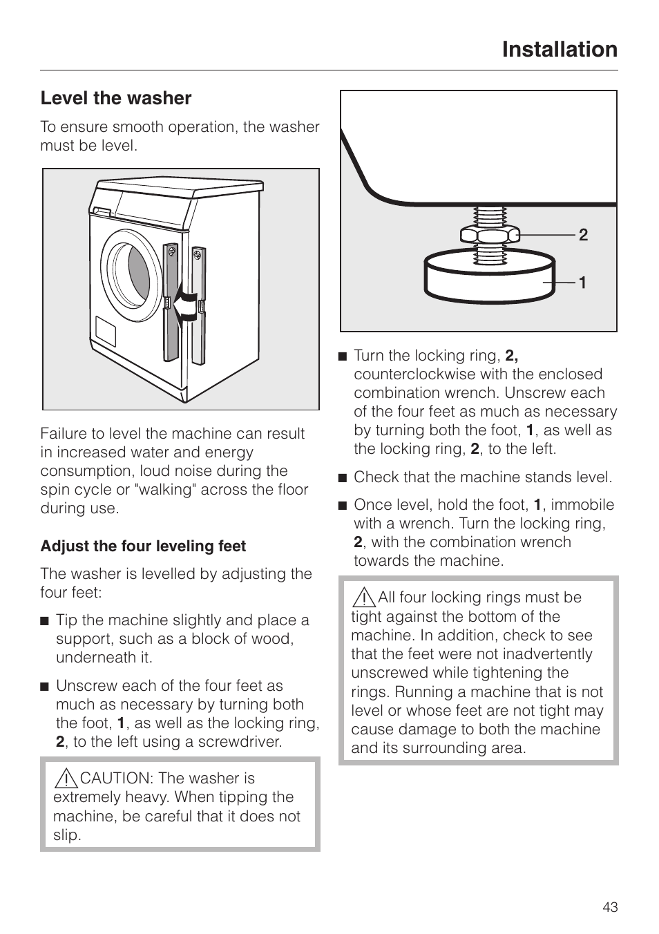 Level the washer 43, Level the washer, Installation | Miele W1203 User Manual | Page 47 / 56