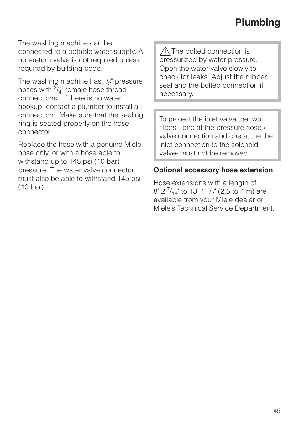 Plumbing 45, Plumbing | Miele W1203 User Manual | Page 49 / 56