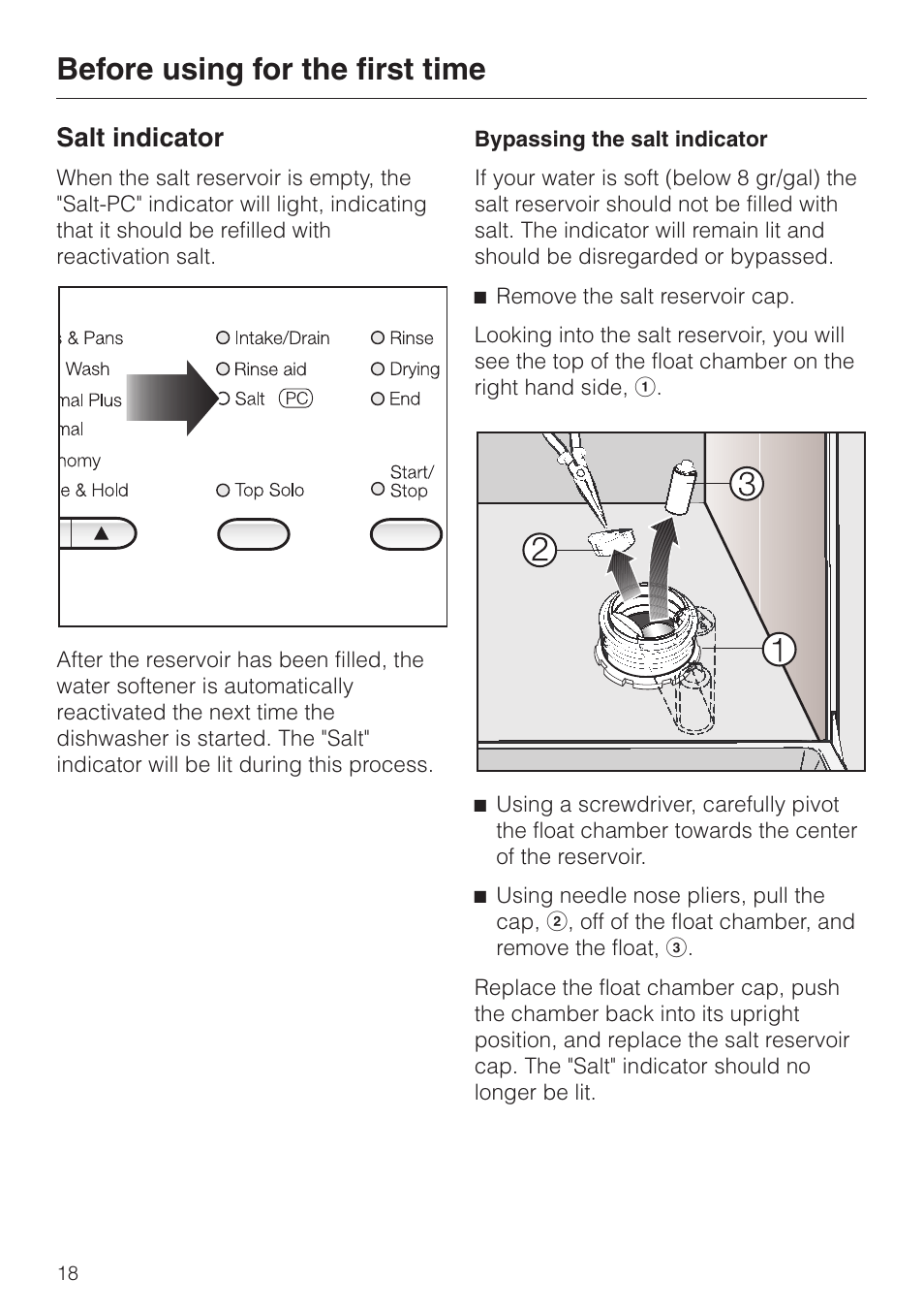 Salt indicator 18, Before using for the first time, Salt indicator | Miele Platinum G 892 SC User Manual | Page 18 / 52