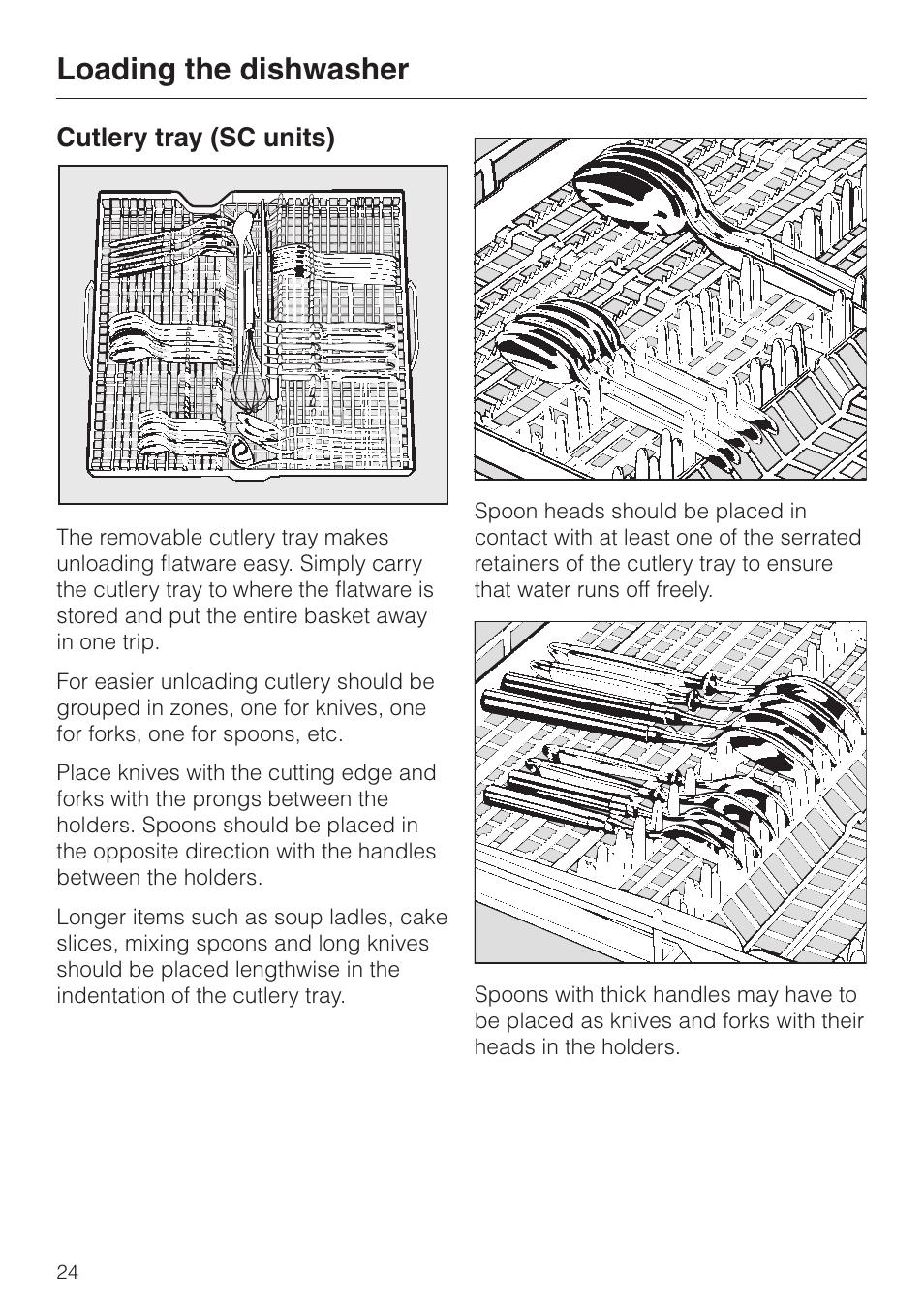 Cutlery tray (sc units) 24, Loading the dishwasher, Cutlery tray (sc units) | Miele Platinum G 892 SC User Manual | Page 24 / 52