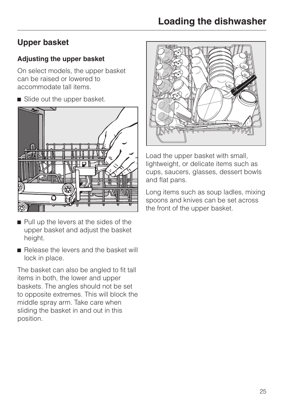 Upper basket 25, Adjusting the upper basket 25, Loading the dishwasher | Upper basket | Miele Platinum G 892 SC User Manual | Page 25 / 52