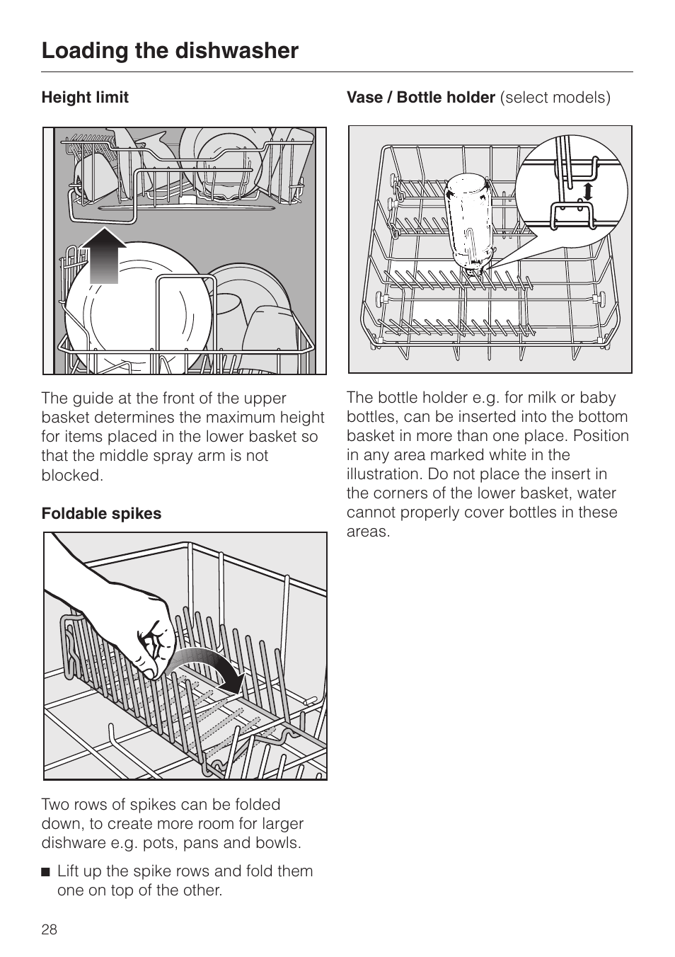 Foldable spikes 28, Vase / bottle holder (select models) 28, Loading the dishwasher | Miele Platinum G 892 SC User Manual | Page 28 / 52