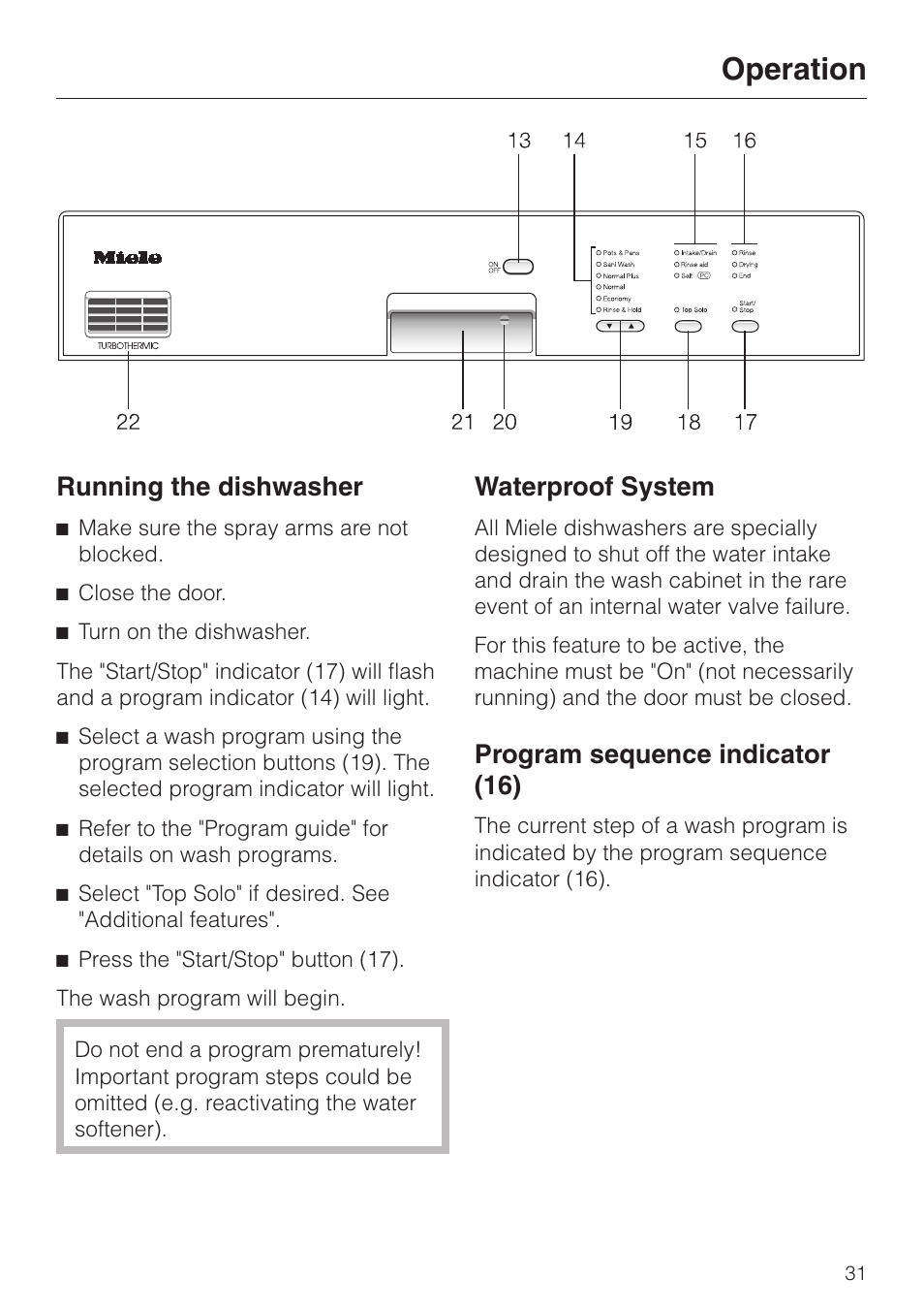 Running the dishwasher 31, Program sequence indicator (16) 31, Operation | Running the dishwasher, Waterproof system, Program sequence indicator (16) | Miele Platinum G 892 SC User Manual | Page 31 / 52