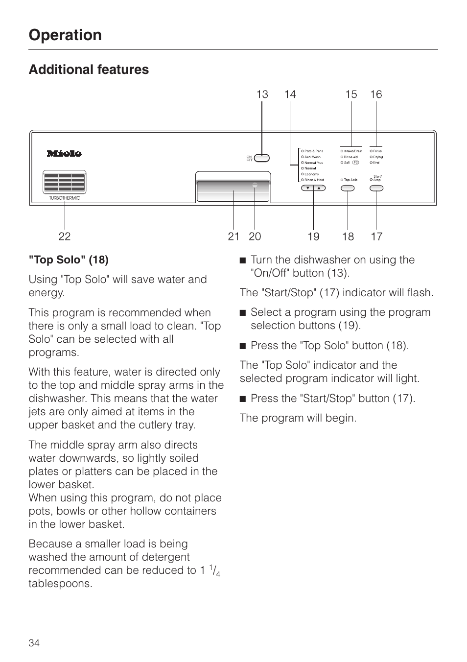 Additional features 34, Top solo" (18) 34, Operation | Additional features | Miele Platinum G 892 SC User Manual | Page 34 / 52