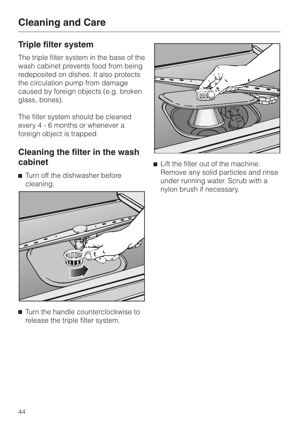 Cleaning and care 44, Cleaning the filter in the wash cabinet 44, Cleaning and care | Triple filter system, Cleaning the filter in the wash cabinet | Miele Platinum G 892 SC User Manual | Page 44 / 52