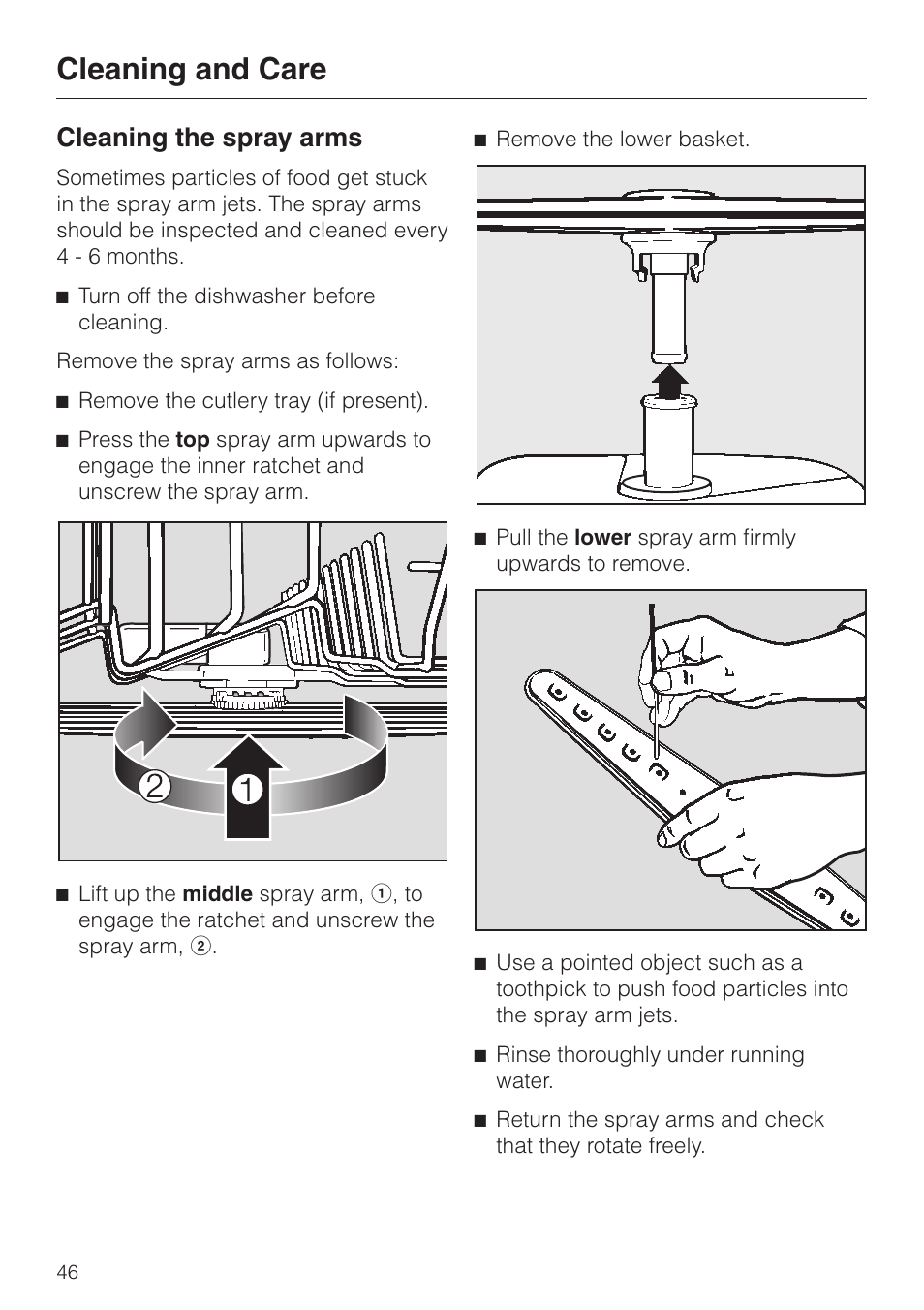 Cleaning the spray arms 46, Cleaning and care, Cleaning the spray arms | Miele Platinum G 892 SC User Manual | Page 46 / 52