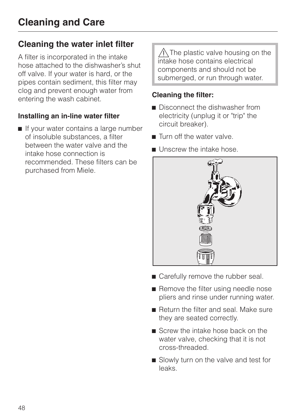 Cleaning the water inlet filter 48, Cleaning and care, Cleaning the water inlet filter | Miele Platinum G 892 SC User Manual | Page 48 / 52