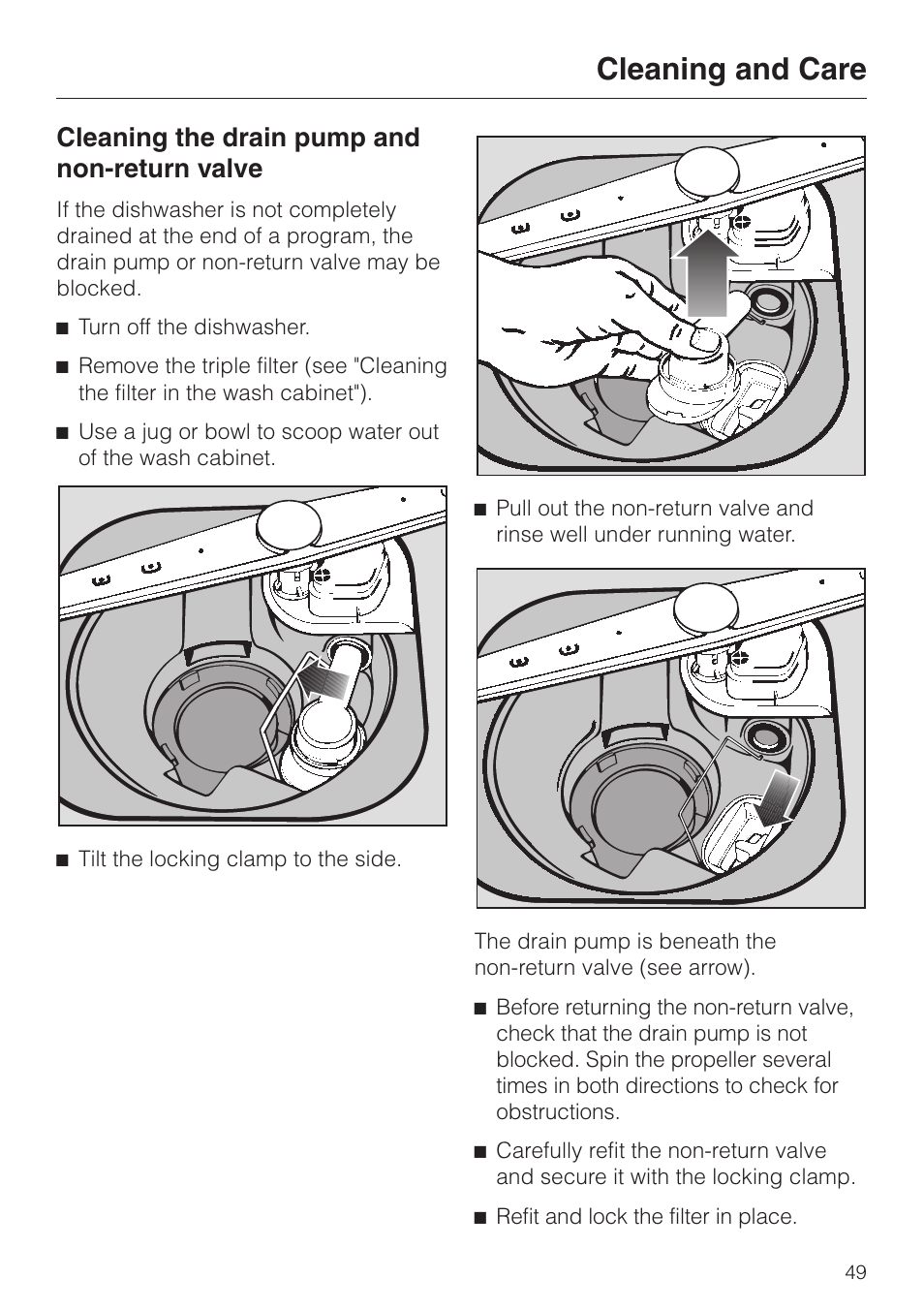 Cleaning the drain pump and non-return valve 49, Cleaning and care, Cleaning the drain pump and non-return valve | Miele Platinum G 892 SC User Manual | Page 49 / 52