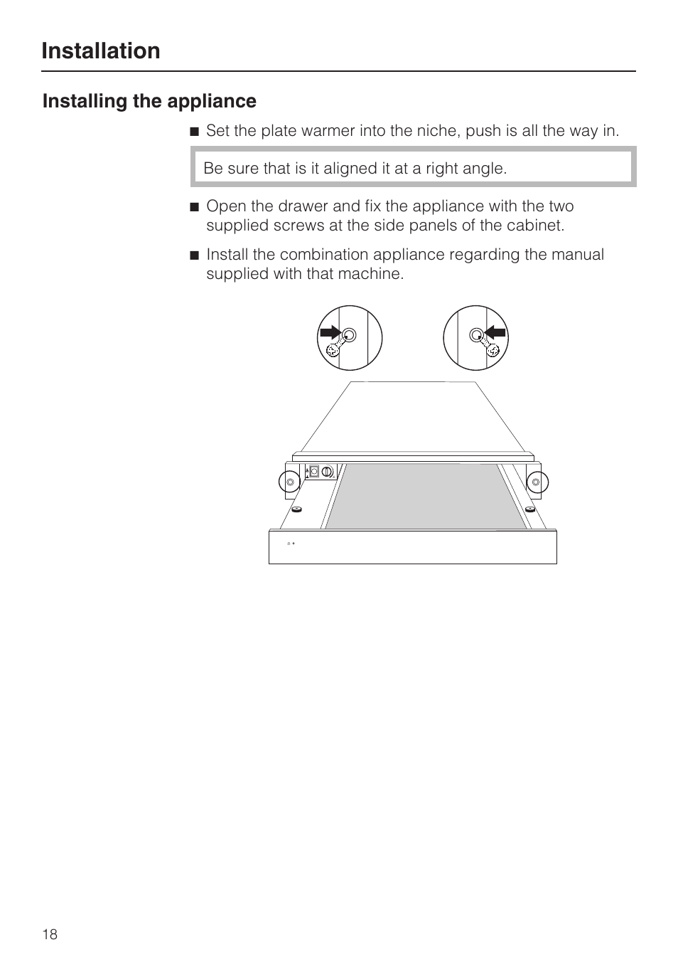 Installation, Installing the appliance | Miele EGW2062 User Manual | Page 18 / 24