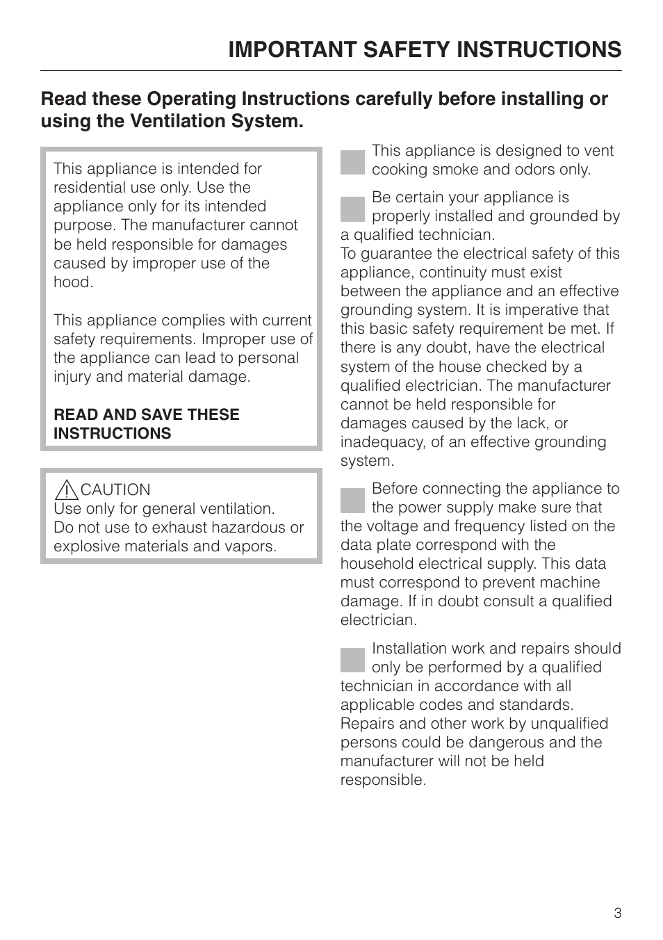 Important safety instructions 3, Important safety instructions | Miele DA251-4 User Manual | Page 3 / 36