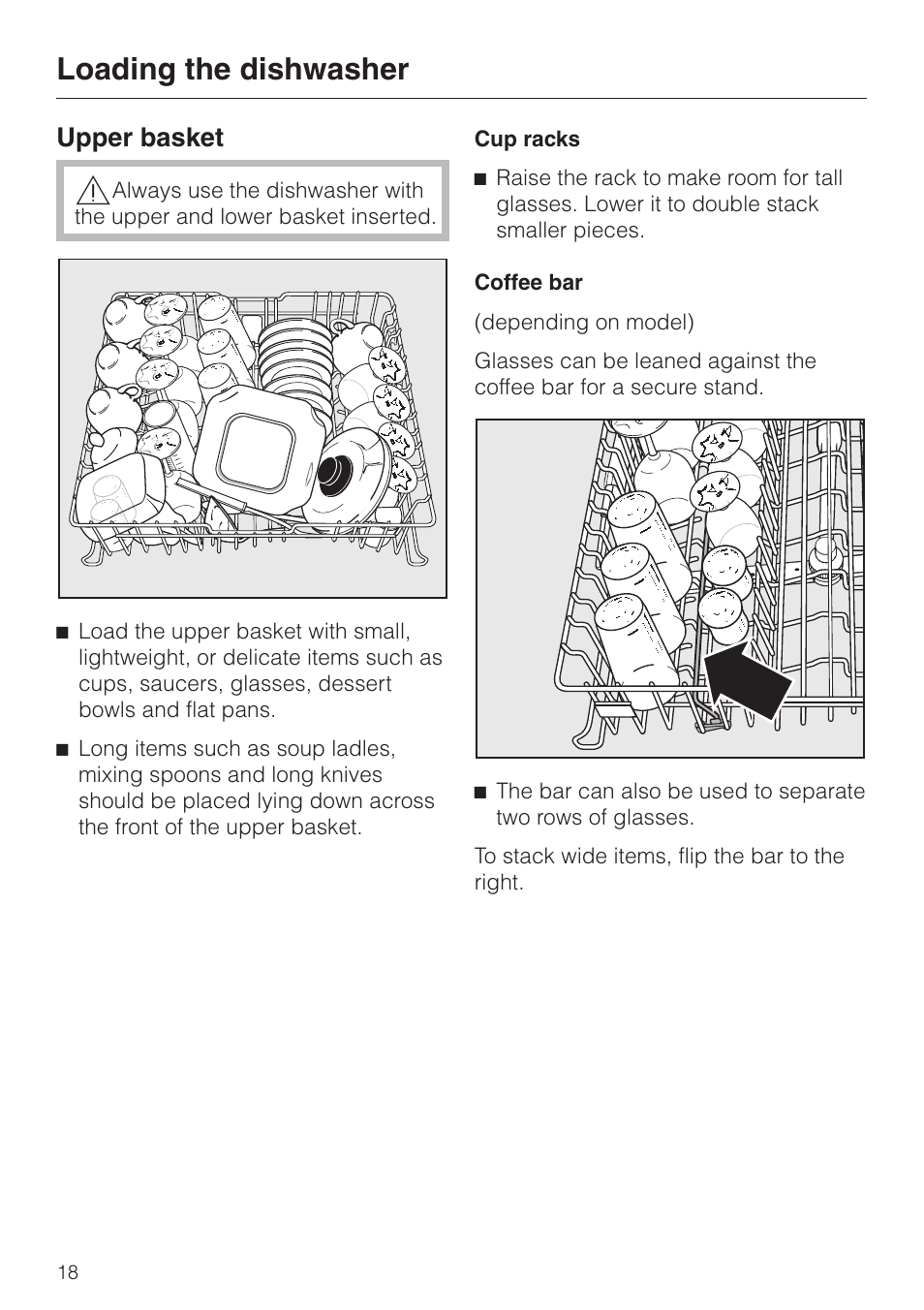 Upper basket 18, Loading the dishwasher, Upper basket | Miele G 1150 User Manual | Page 18 / 52