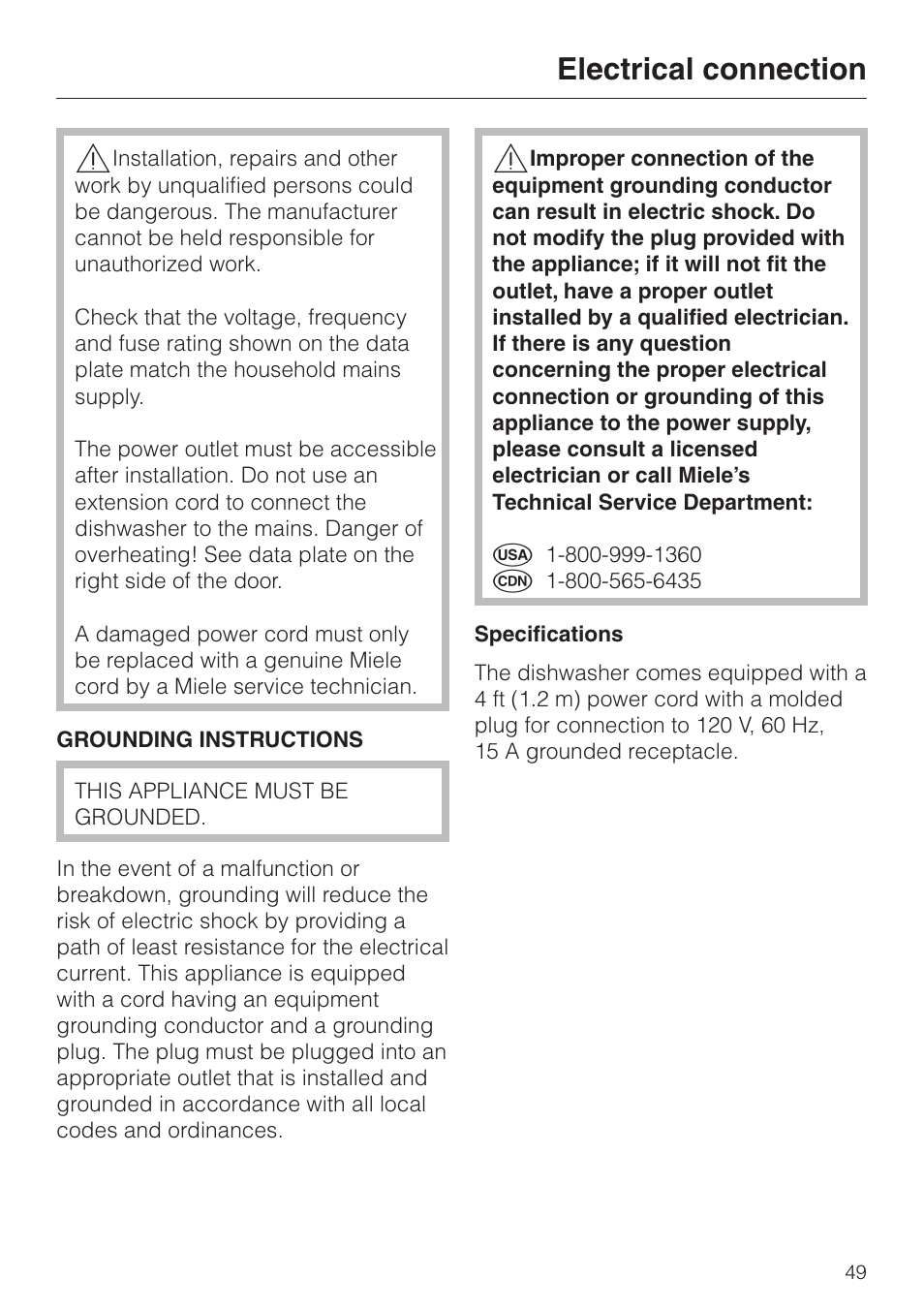 Electrical connection 49, Electrical connection | Miele G 1150 User Manual | Page 49 / 52