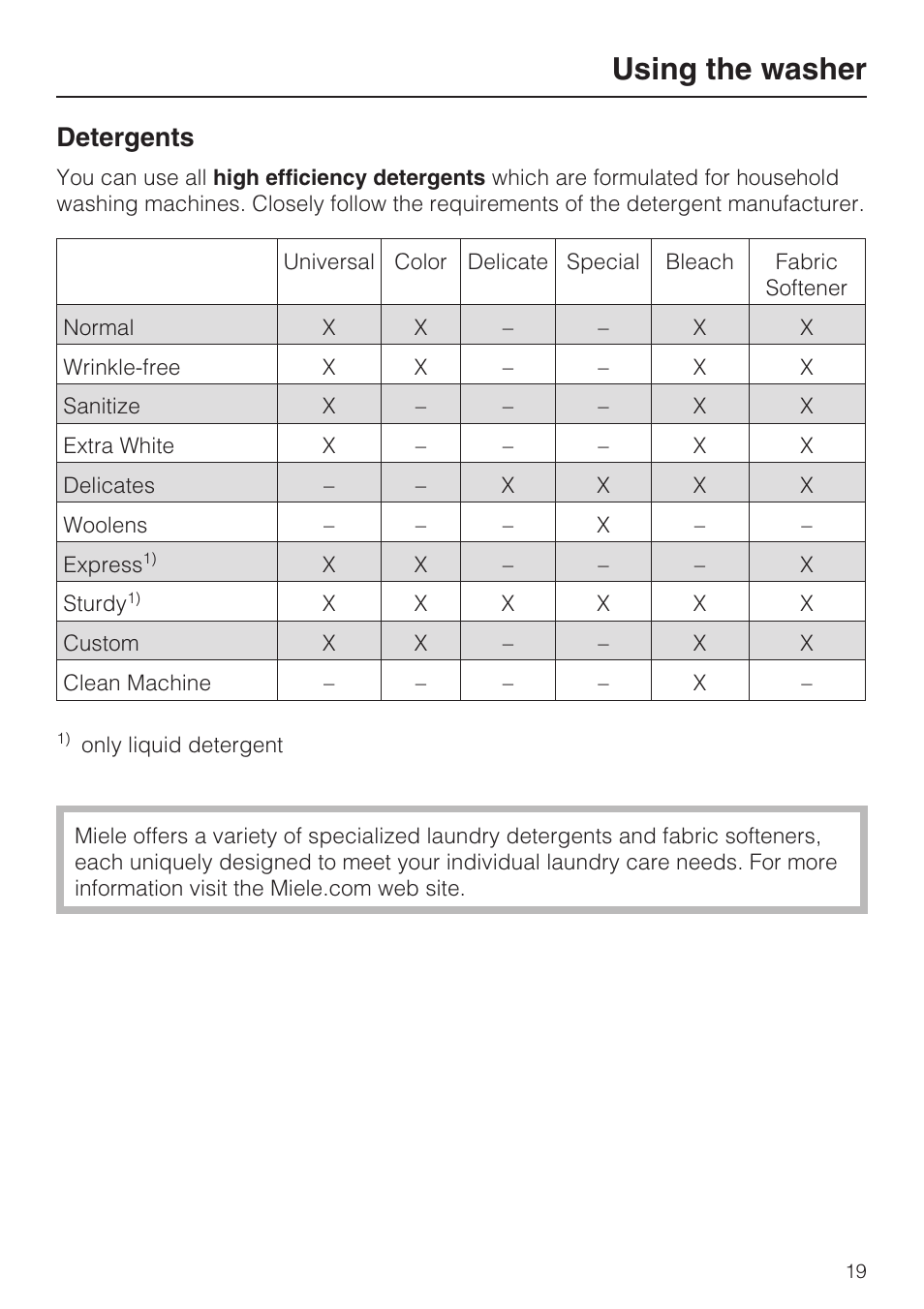 Detergents 19, Using the washer, Detergents | Miele TOUCHTRONIC W 4802 User Manual | Page 19 / 56