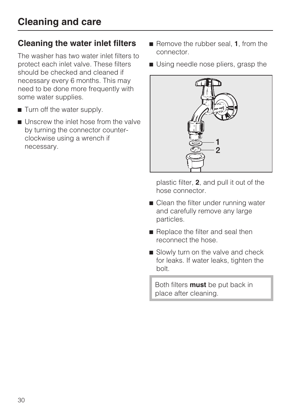 Cleaning the water inlet filters 30, Cleaning and care, Cleaning the water inlet filters | Miele TOUCHTRONIC W 4802 User Manual | Page 34 / 56