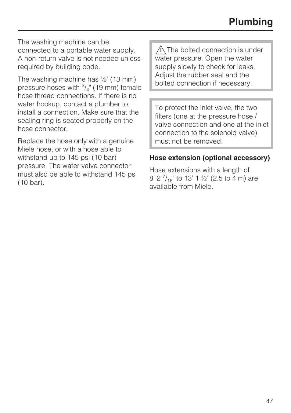 Plumbing 47, Plumbing | Miele TOUCHTRONIC W 4802 User Manual | Page 51 / 56