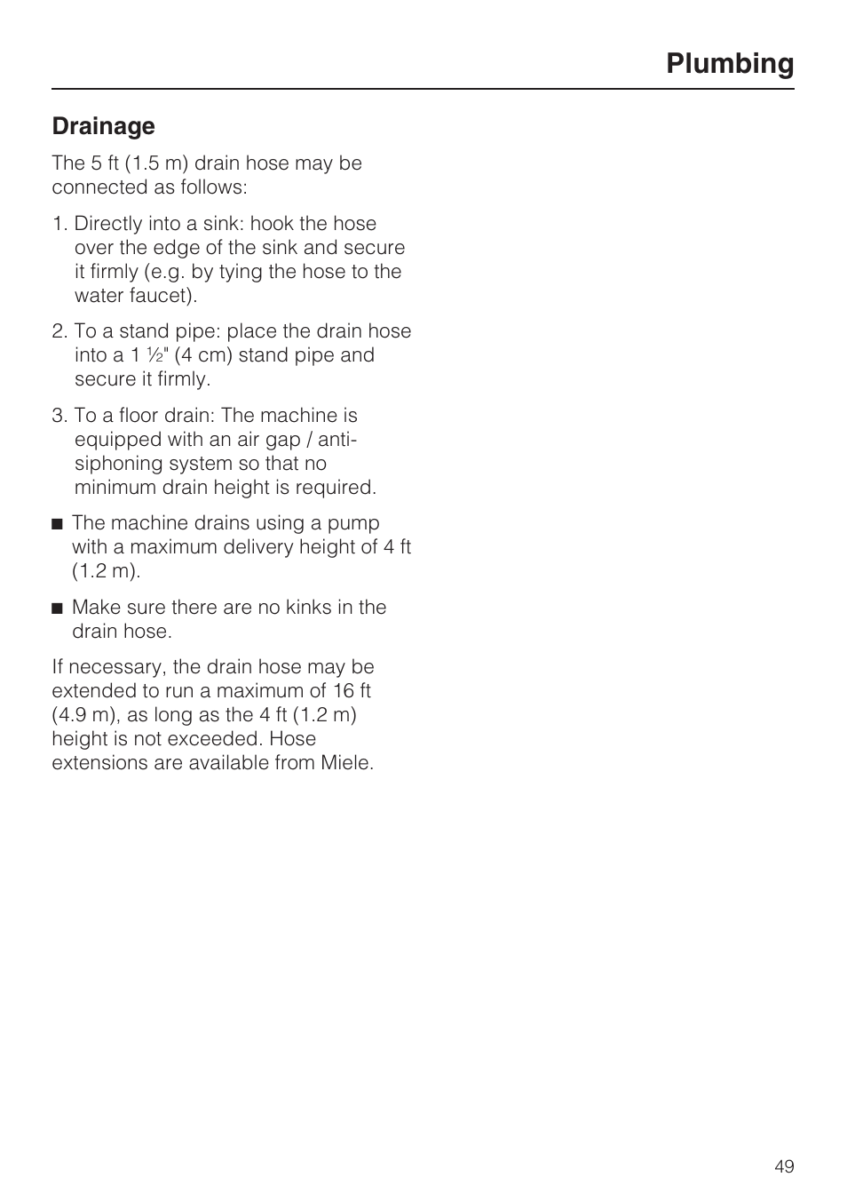 Plumbing, Drainage | Miele TOUCHTRONIC W 4802 User Manual | Page 53 / 56