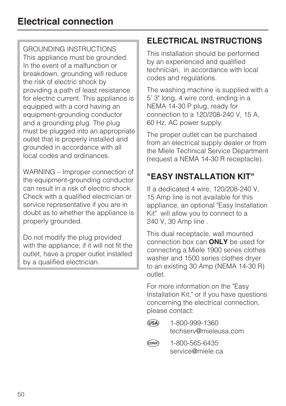 Electrical connection 50, Electrical connection, Electrical instructions | Easy installation kit | Miele TOUCHTRONIC W 4802 User Manual | Page 54 / 56