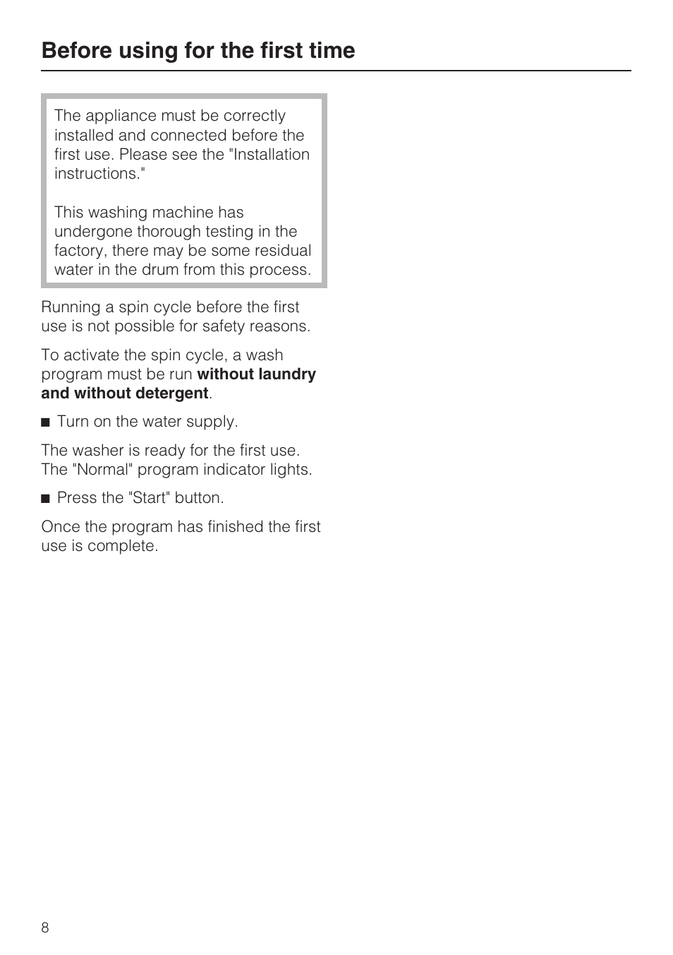 Before using for the first time 8, Before using for the first time | Miele TOUCHTRONIC W 4802 User Manual | Page 8 / 56