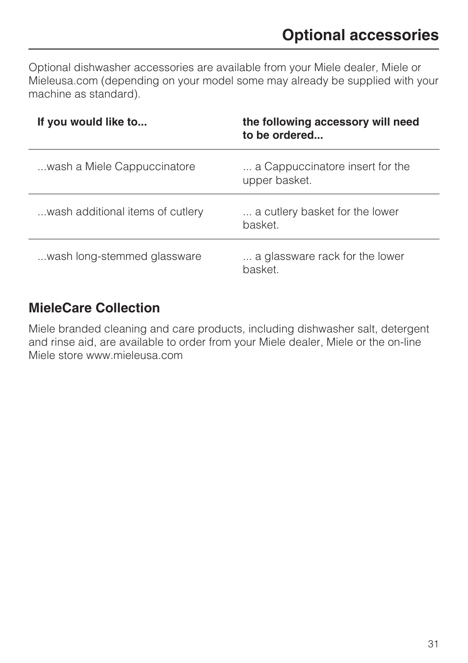 Optional accessories 31, Optional accessories, Mielecare collection | Miele G 5870 User Manual | Page 31 / 76