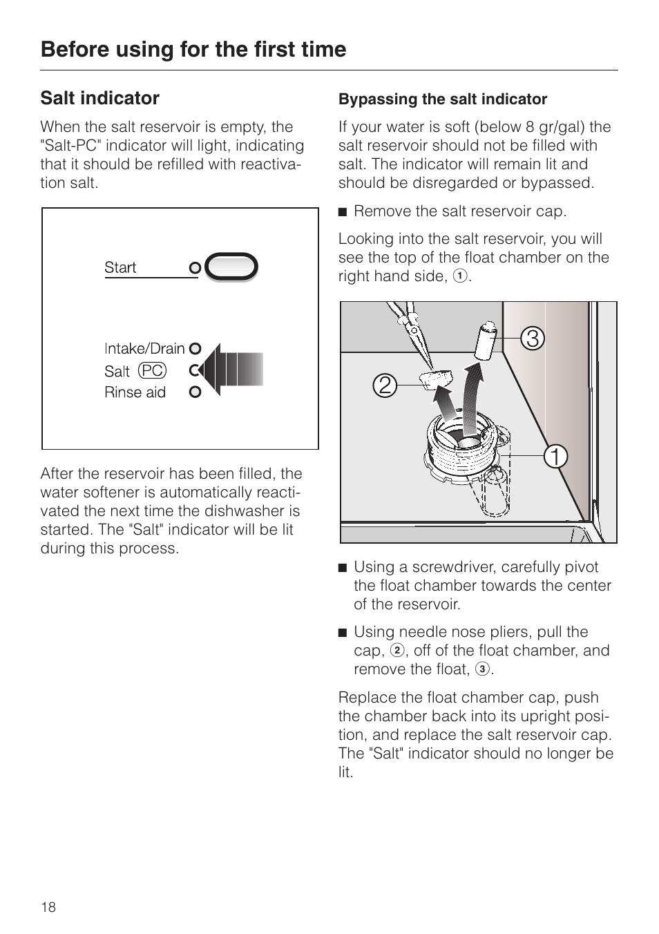 Salt indicator 18, Salt indicator, Before using for the first time | Miele NOVOTRONIC G 842 PLUS User Manual | Page 18 / 48