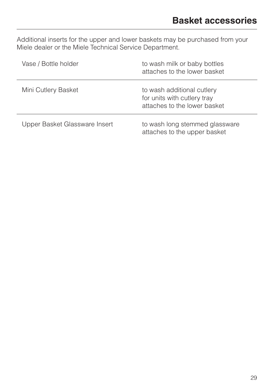 Basket accessories 29, Basket accessories | Miele NOVOTRONIC G 842 PLUS User Manual | Page 29 / 48