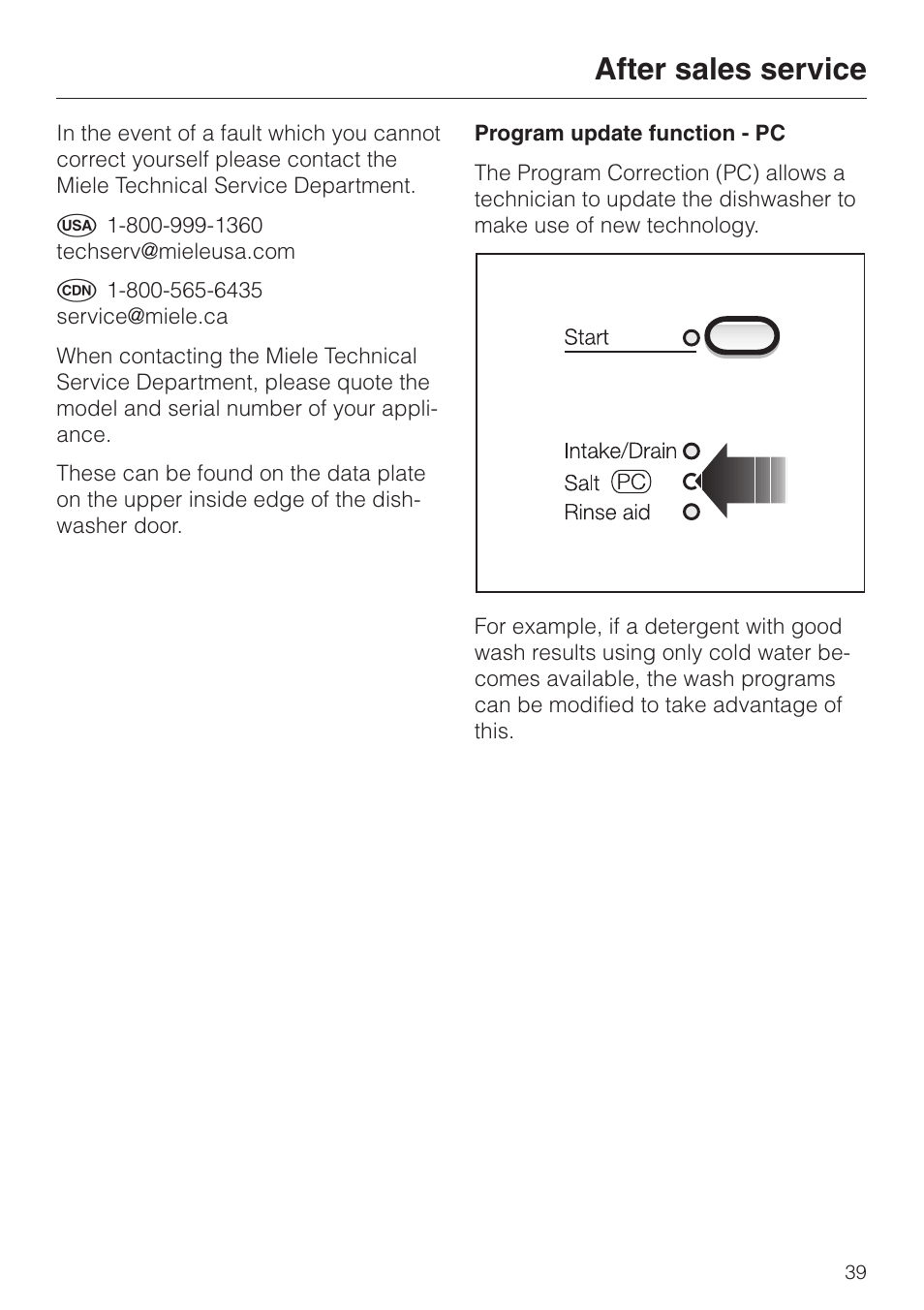 After sales service 39, After sales service | Miele NOVOTRONIC G 842 PLUS User Manual | Page 39 / 48