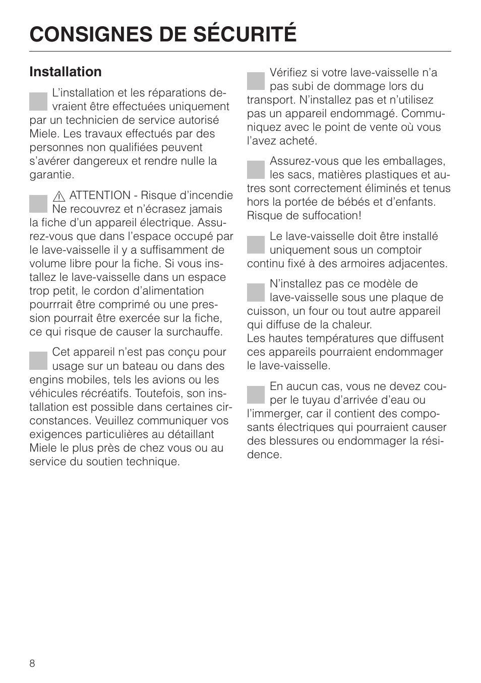 Consignes de sécurité, Installation | Miele NOVOTRONIC G 842 PLUS User Manual | Page 8 / 48