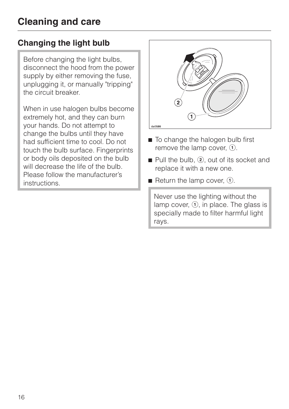 Changing the light bulb 16, Changing the light bulb, Cleaning and care | Miele DA 250 User Manual | Page 16 / 32