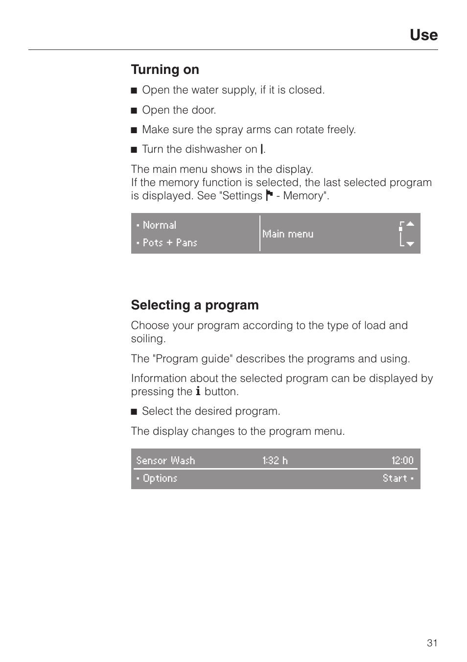 Turning on 31, Selecting a program 31, Turning on | Selecting a program | Miele G 2670 SC User Manual | Page 31 / 76