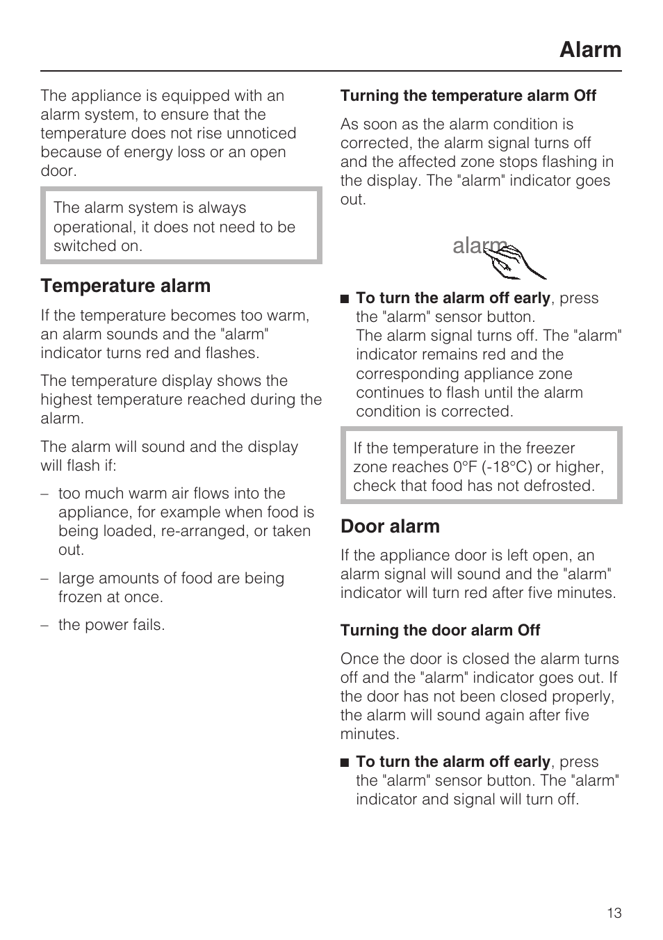 Alarm 13, Temperature alarm 13, Door alarm 13 | Alarm, Temperature alarm, Door alarm | Miele F1411SF User Manual | Page 13 / 72