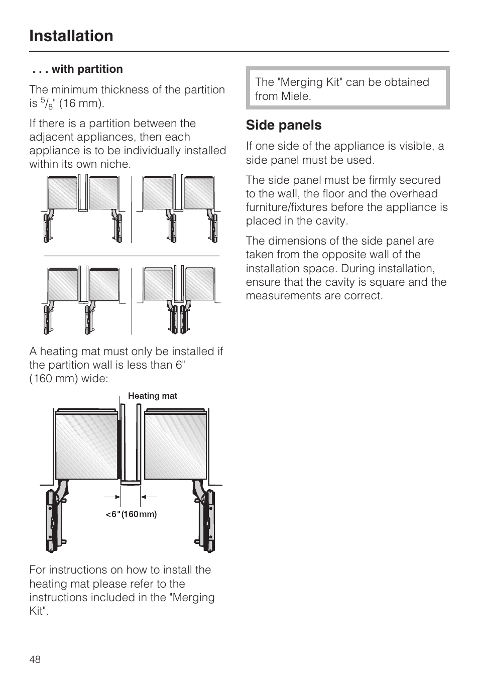 Installation, Side panels | Miele F1411SF User Manual | Page 48 / 72