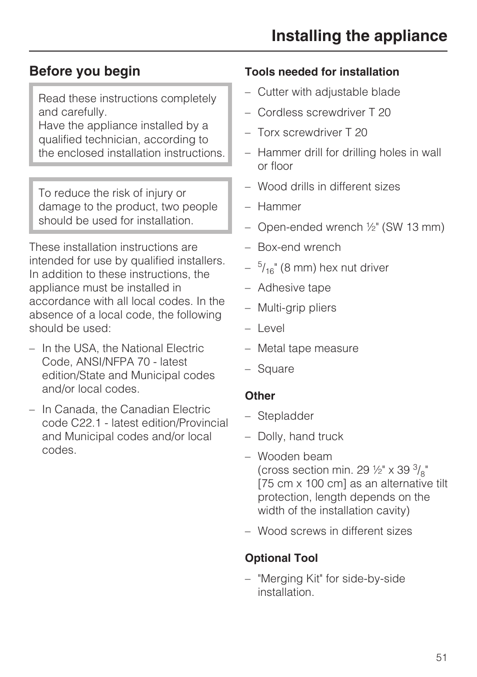 Installing the appliance 51, Before you begin 51, Installing the appliance | Before you begin | Miele F1411SF User Manual | Page 51 / 72